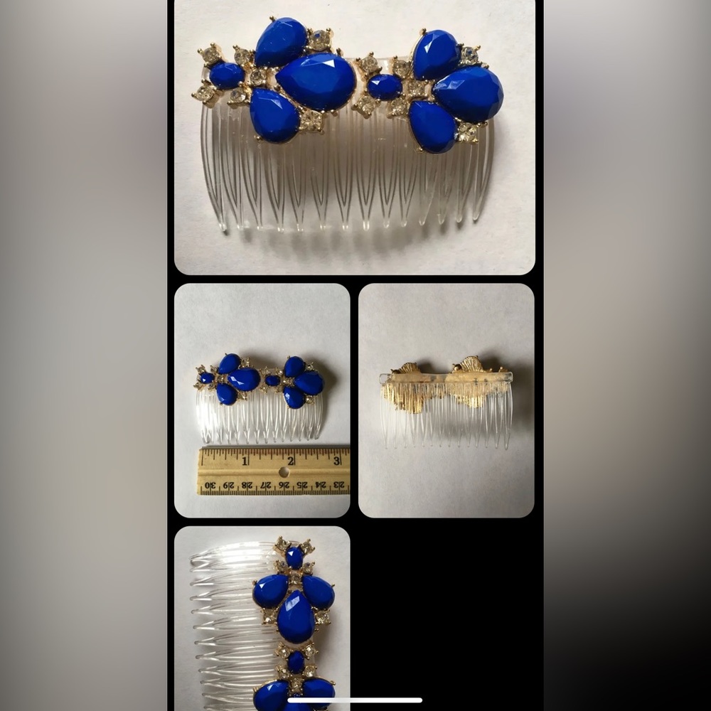 Handmade ROYAL BLUE & CLEAR Stones JEWELED, STATEMENT 2 1/2" CLEAR HAIR COMB